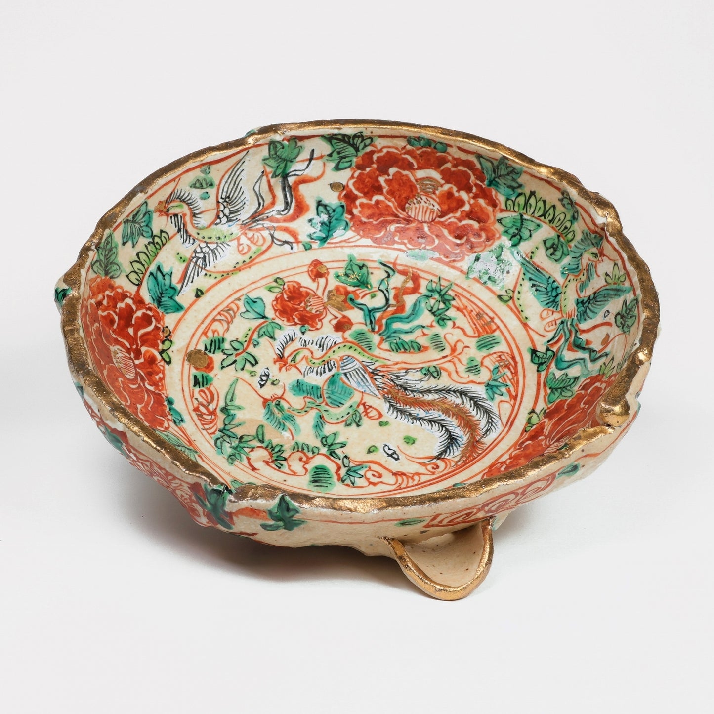 Mino pottery, Katakuchi serving dish, Japanese Mino-yaki, Iroe Kinsai Botan, Japanese Phoenix, Free shipping