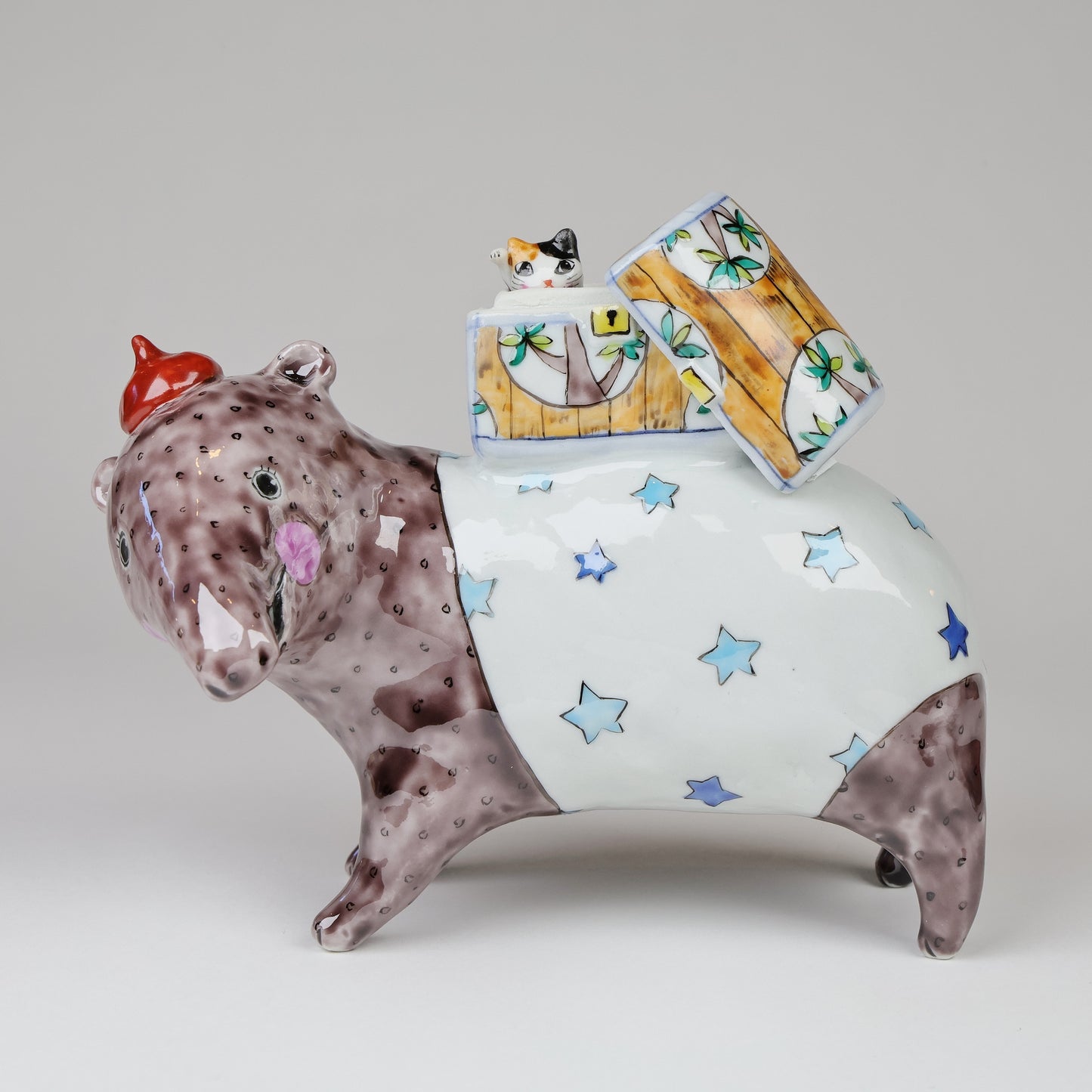 Ceramic Baku & Cat Figure set, Charming Duo of Dreams and Whimsy, Made in Japan, Free shipping