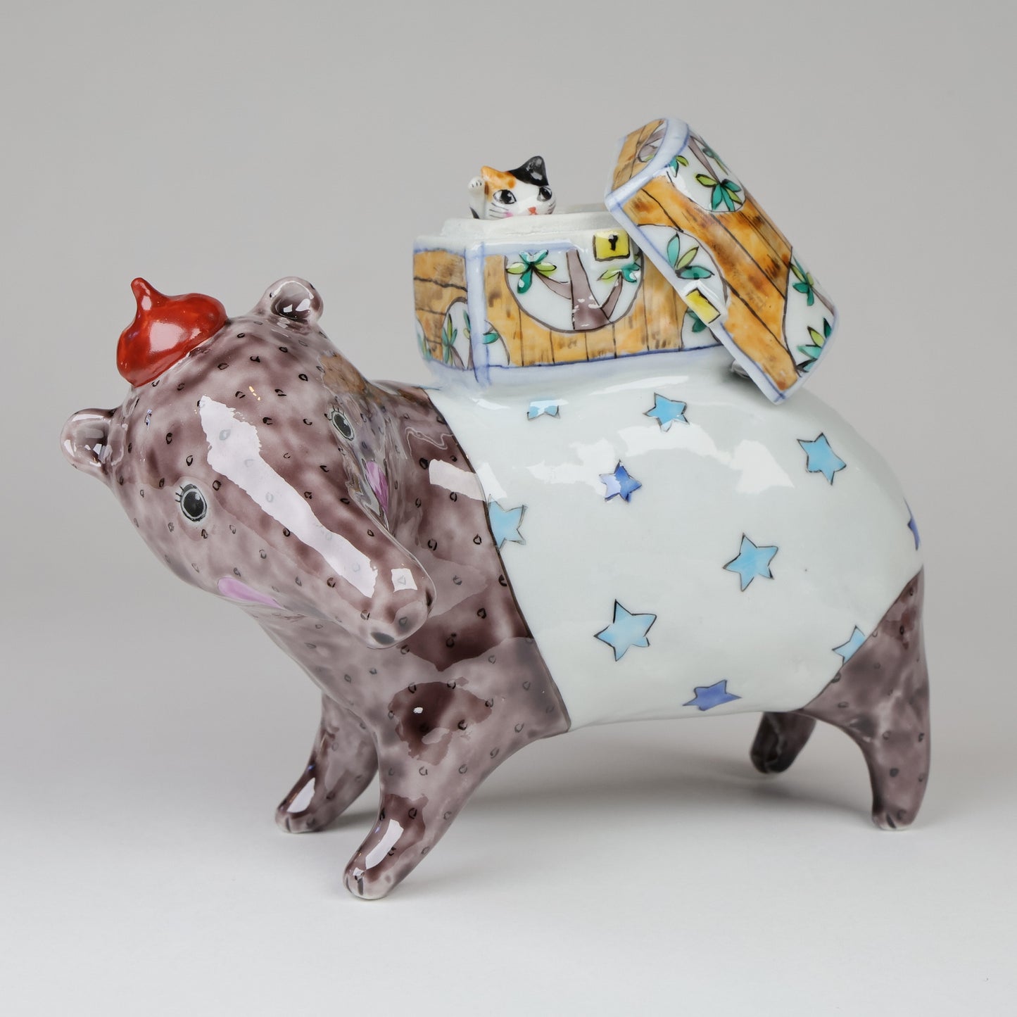 Ceramic Baku & Cat Figure set, Charming Duo of Dreams and Whimsy, Made in Japan, Free shipping