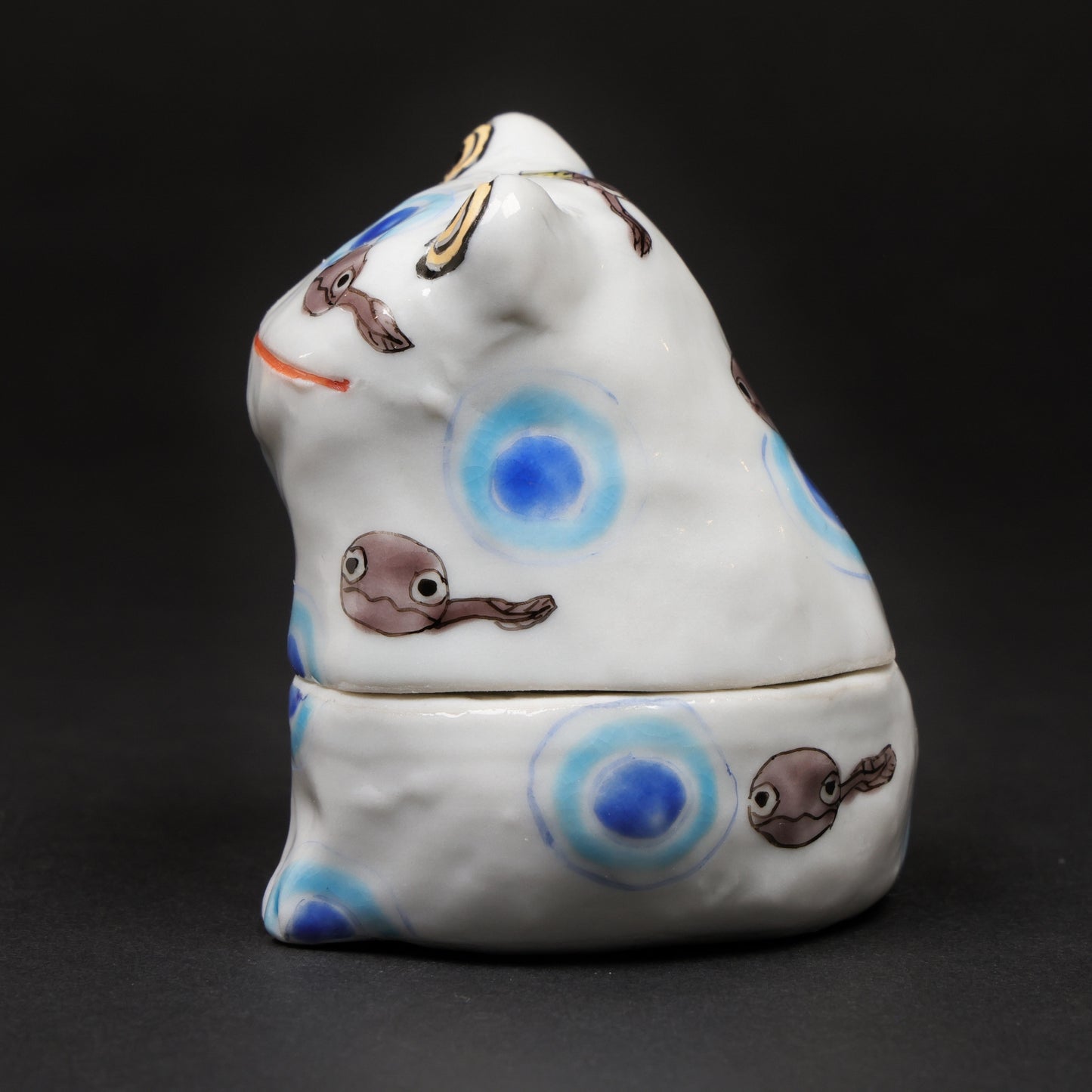 Handcrafted Japanese Frog Ceramic Box – Whimsical Tadpole Design | Incense or Jewelry Holder, frog figurine