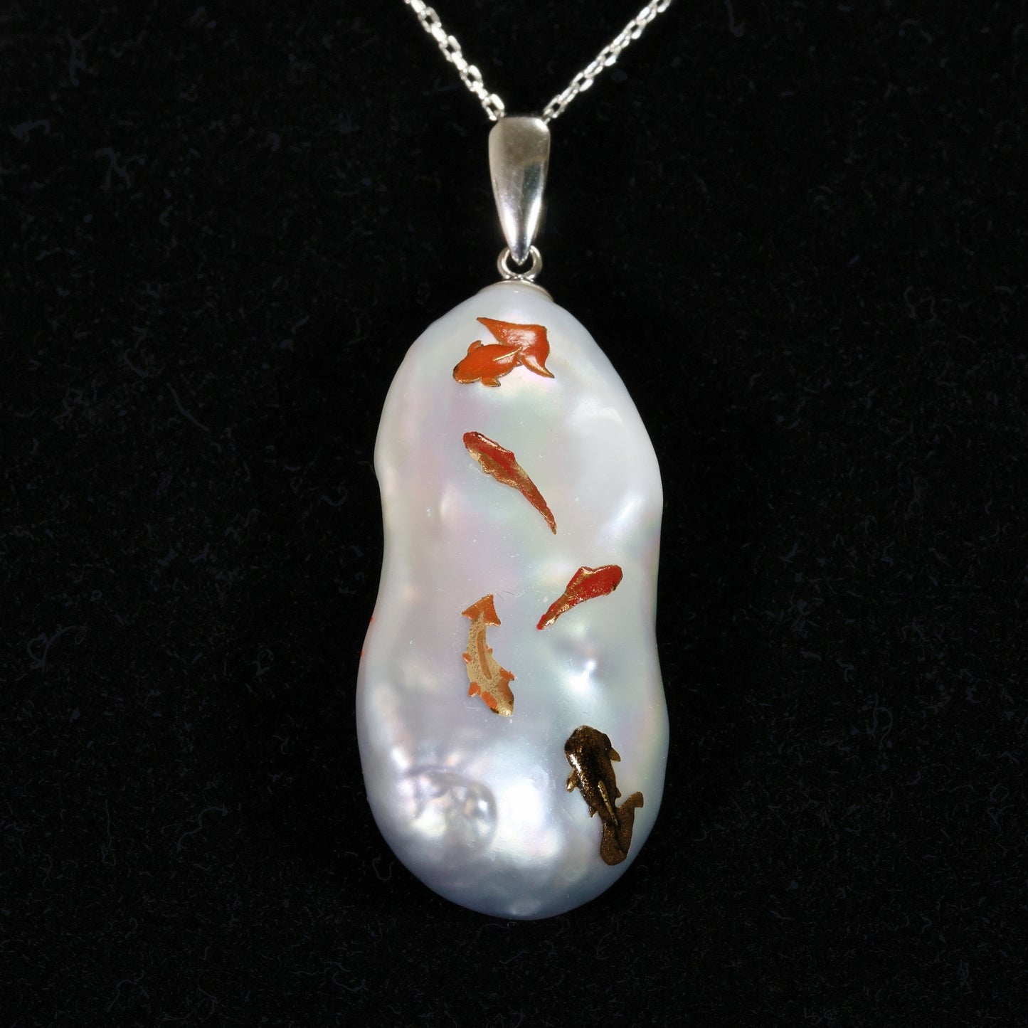 Lacquer Urushi pendant, Japanese Lacquer pendant, Gold fish pendant, Makie pendant, Lacquer Makie pendant, Pendant with gold fish, Free shipping