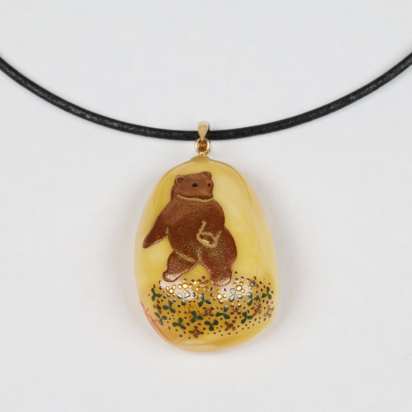 Lacquer Urushi pendant, Bear pendant, Japanese Lacquer pendant, Amber pendant, Makie pendant, Lacquer Makie pendant, Pendant with bear, Amber pendant, Free shipping