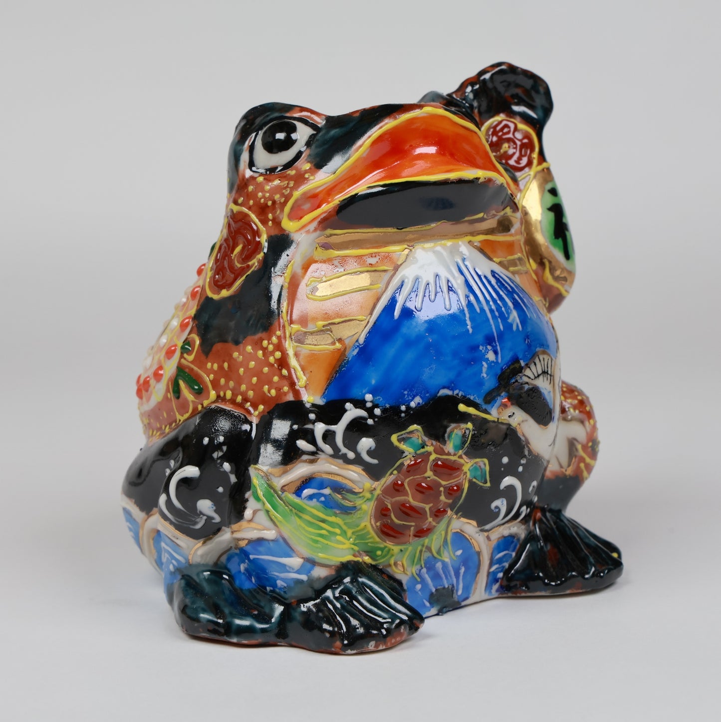 Kutani Lucky Frog Figurine|Black Ceramic Frog with Left Hand Raised for Fortune & Protection