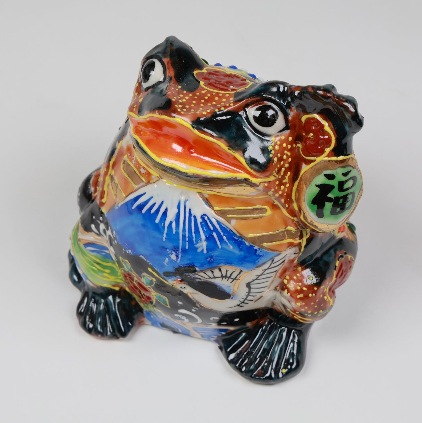 Kutani Lucky Frog Figurine|Black Ceramic Frog with Left Hand Raised for Fortune & Protection