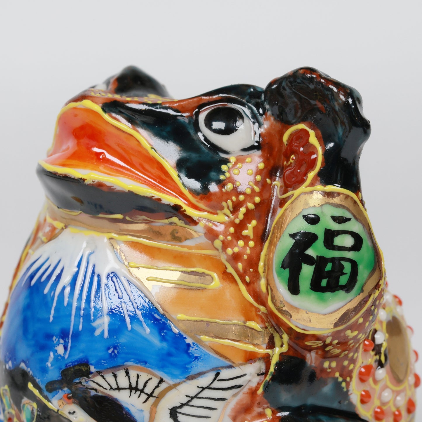 Kutani Lucky Frog Figurine|Black Ceramic Frog with Left Hand Raised for Fortune & Protection