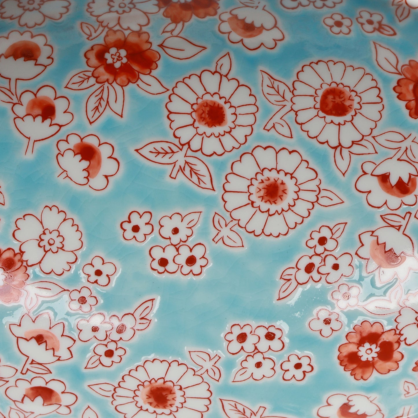 Kutani Ware Boat-Shaped Bowl “Flower Shower” | Aqua Blue & Red Floral Porcelain | Elegant Japanese Gift