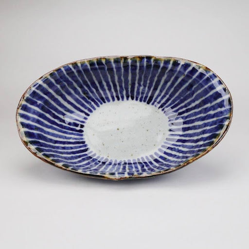 Artisanal Hasami Ware Bowl|Indigo Sometsukusa Pattern in an Oval Form | Oval Deep Serving Bowl | apanese Hasami Ware