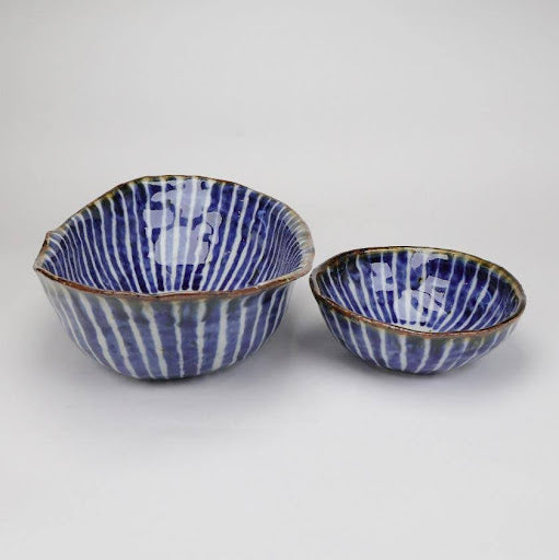 Sometsukusa Oval Bowls Set (Large & Small) | Hasami Ware by Kazunori Ota | Handcrafted Blue Stripe Design