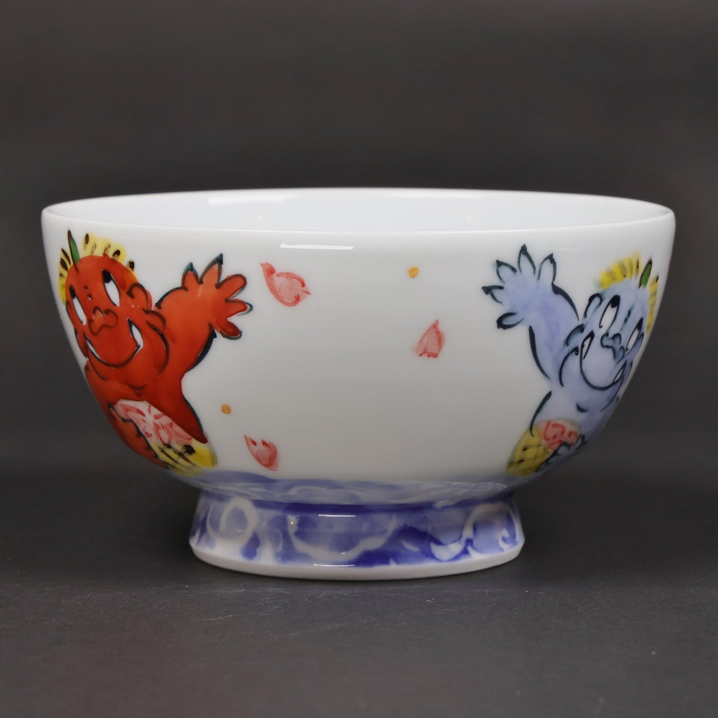 Oni and Cherry Blossom Mt. Fuji Rice Bowl | Japanese Hasami Porcelain with Red & Blue Oni | Handmade Tableware | Made in Japan
