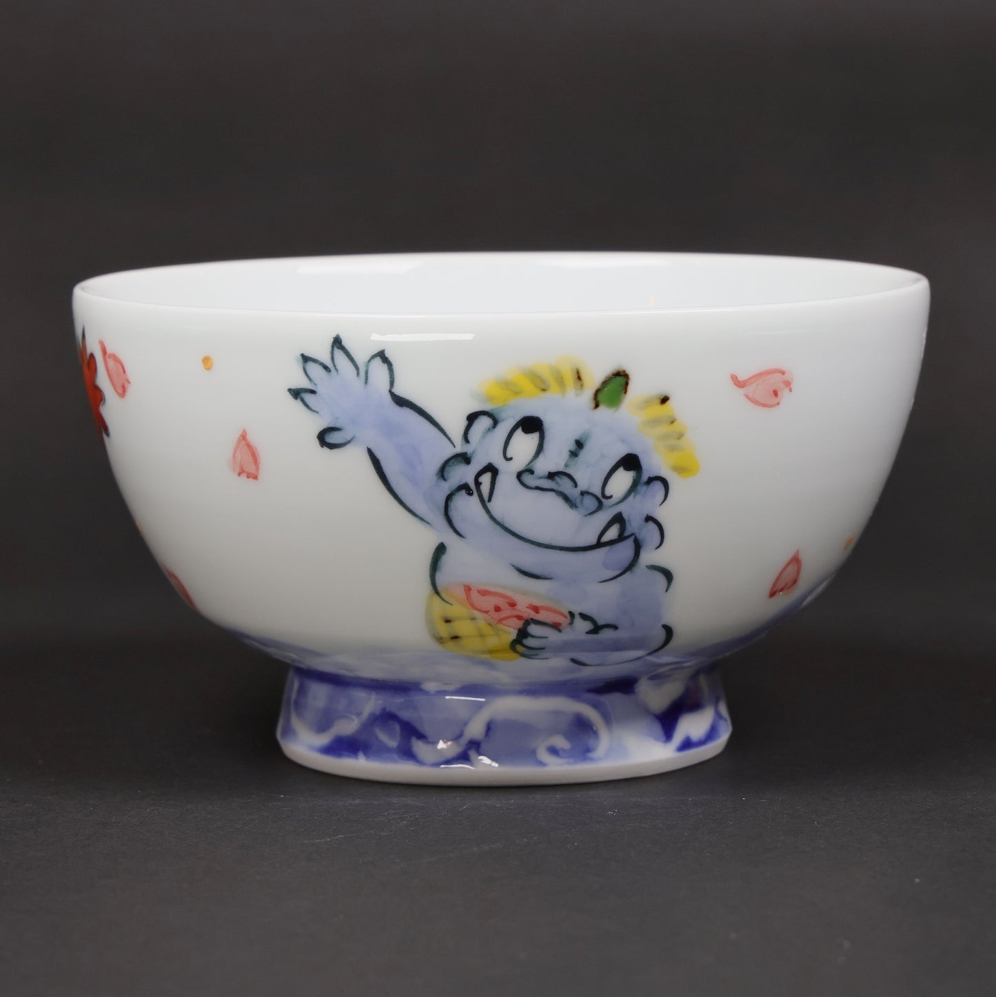Oni and Cherry Blossom Mt. Fuji Rice Bowl | Japanese Hasami Porcelain with Red & Blue Oni | Handmade Tableware | Made in Japan