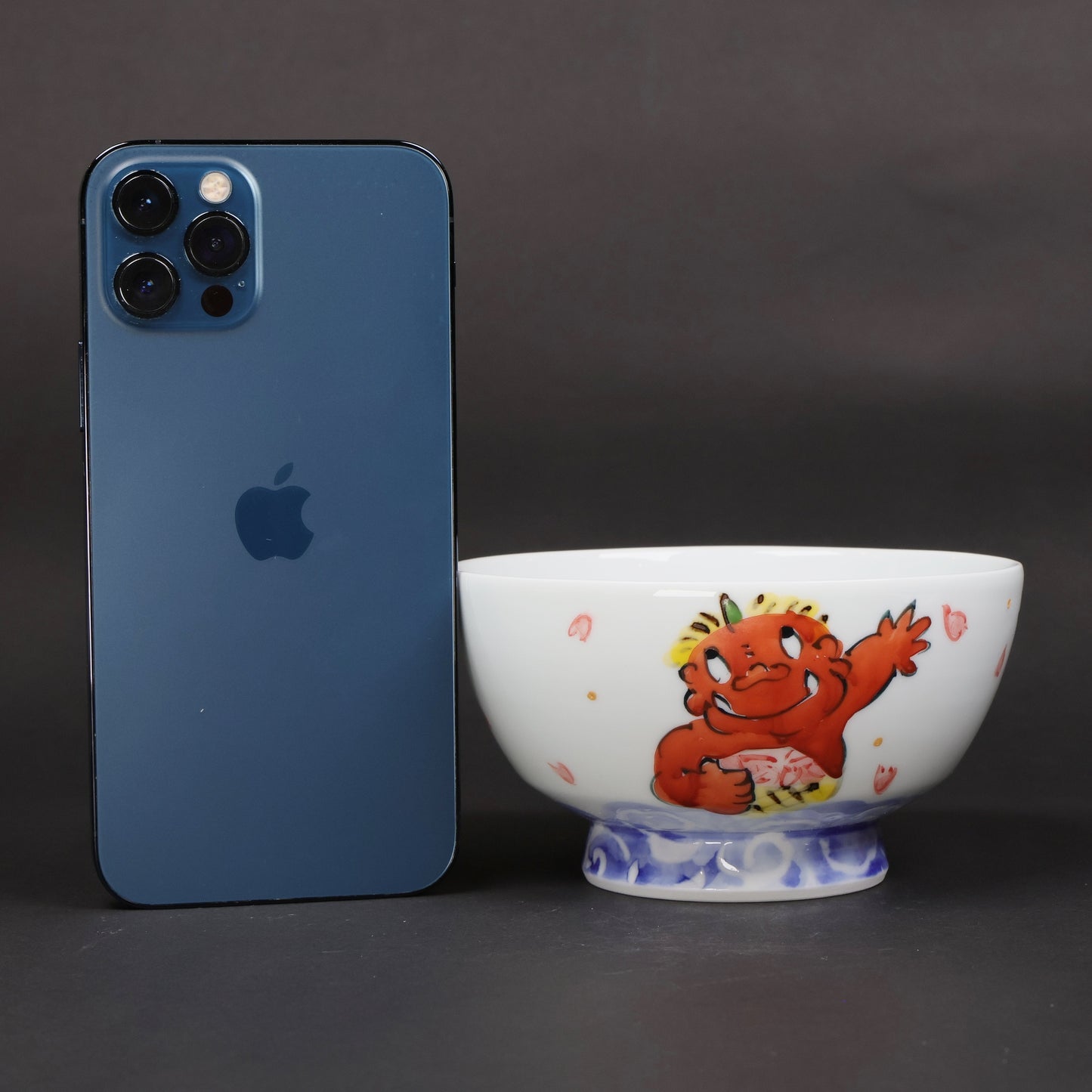 Oni and Cherry Blossom Mt. Fuji Rice Bowl | Japanese Hasami Porcelain with Red & Blue Oni | Handmade Tableware | Made in Japan