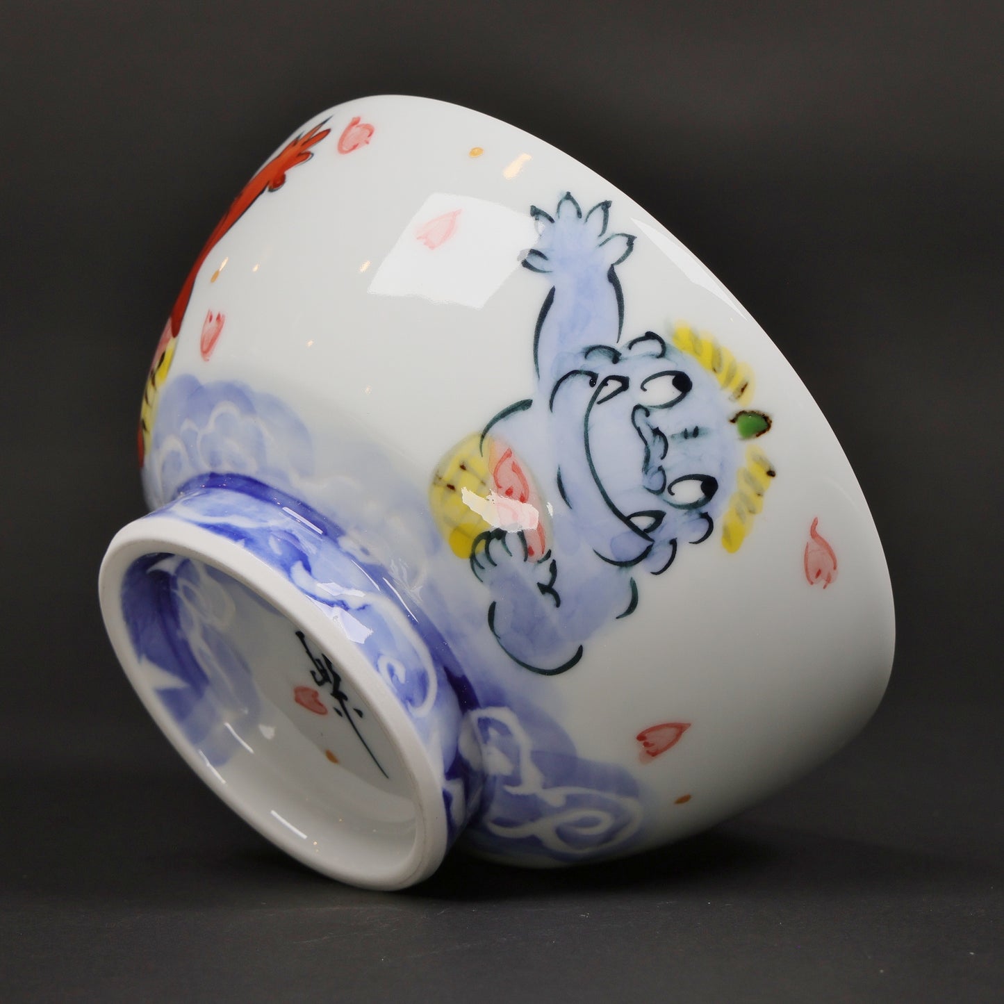 Oni and Cherry Blossom Mt. Fuji Rice Bowl | Japanese Hasami Porcelain with Red & Blue Oni | Handmade Tableware | Made in Japan
