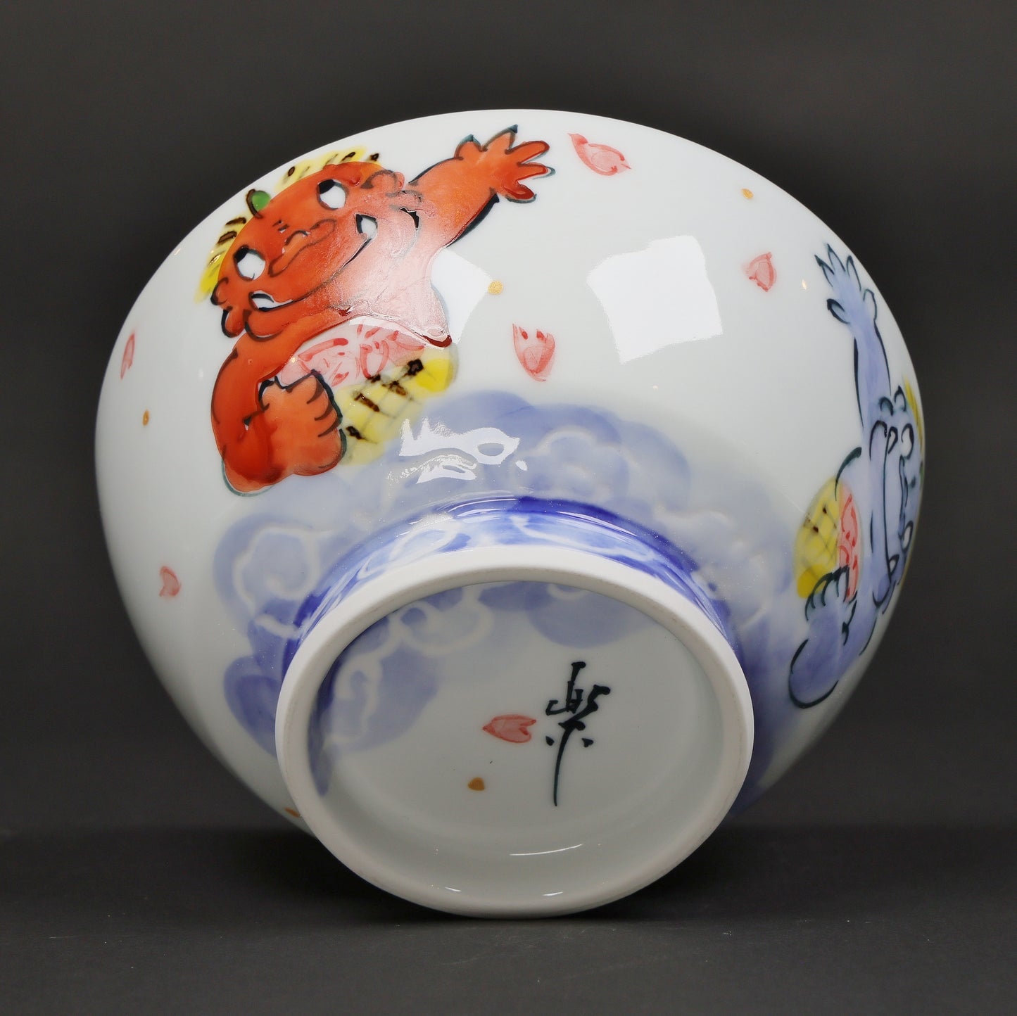 Oni and Cherry Blossom Mt. Fuji Rice Bowl | Japanese Hasami Porcelain with Red & Blue Oni | Handmade Tableware | Made in Japan