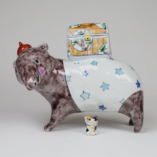 Ceramic Baku & Cat Figure set, Charming Duo of Dreams and Whimsy, Made in Japan, Free shipping