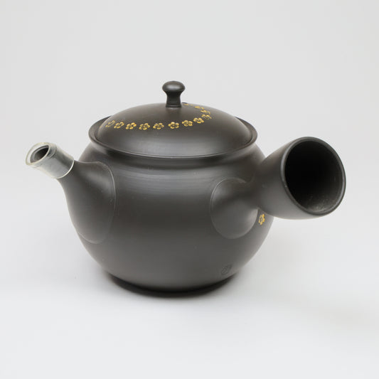 Elegant Tokoname Teapot with Gold Plum Blossom Motif – Handmade Japanese Kyusu, 340ml, Made in Japan, Free shipping