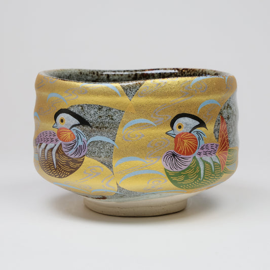 Kutani Yaki Gold-colored matcha bowl, Mandarin duck matcha bowl, Japanese Matcha Bowl, Mandarin duck motif, Mandarin duck design, Tea Utensils, Free shipping