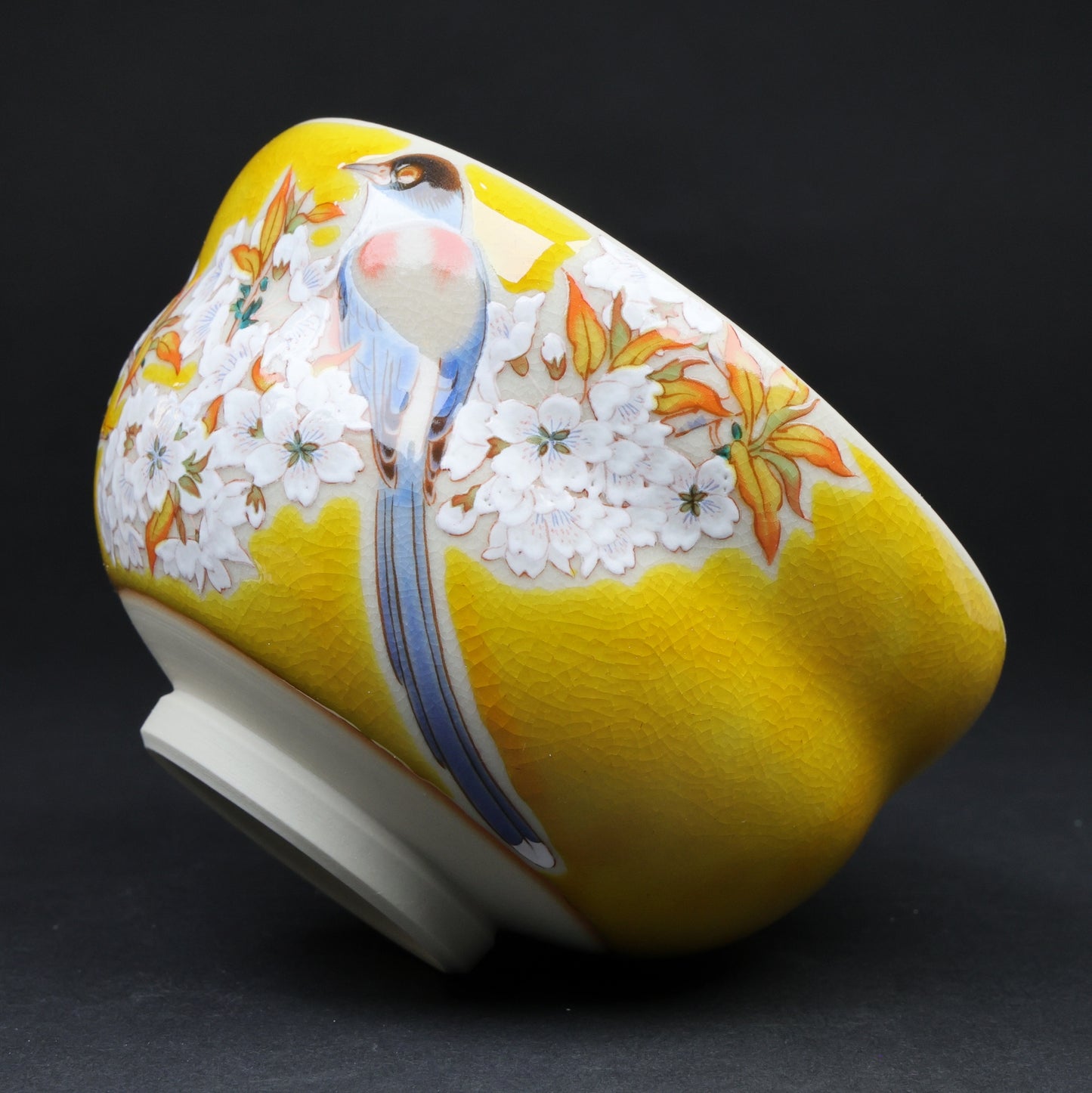 Japanese Kutani Porcelain Tea Bowl – Hand-Painted Sakura & Bird Design, Japanese Pottery Gift, Cherry blossoms and birds, Gold Trim,  Free shipping