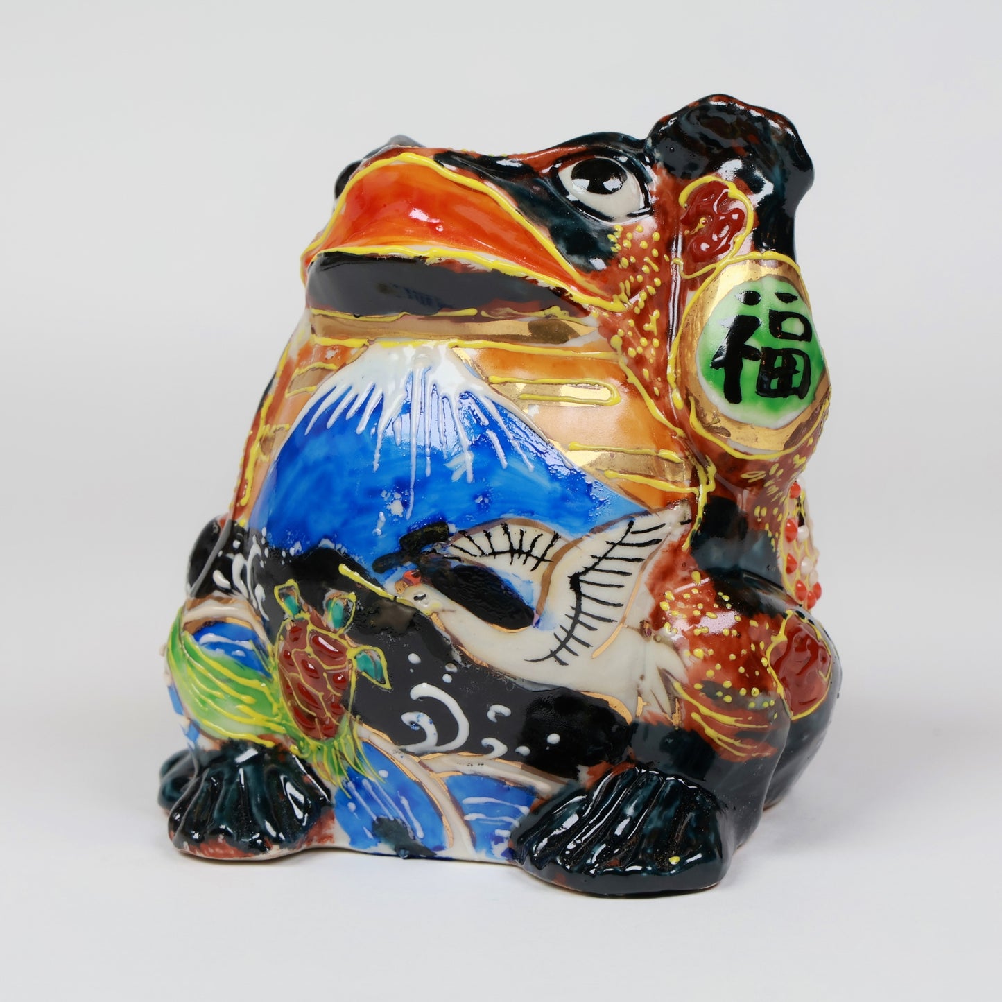 Kutani Ware Lucky Frog Figurine, Japanese Ceramic Art with Mt. Fuji & Crane