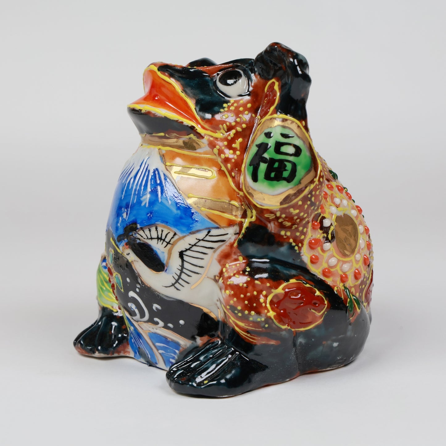 Kutani Ware Lucky Frog Figurine, Japanese Ceramic Art with Mt. Fuji & Crane