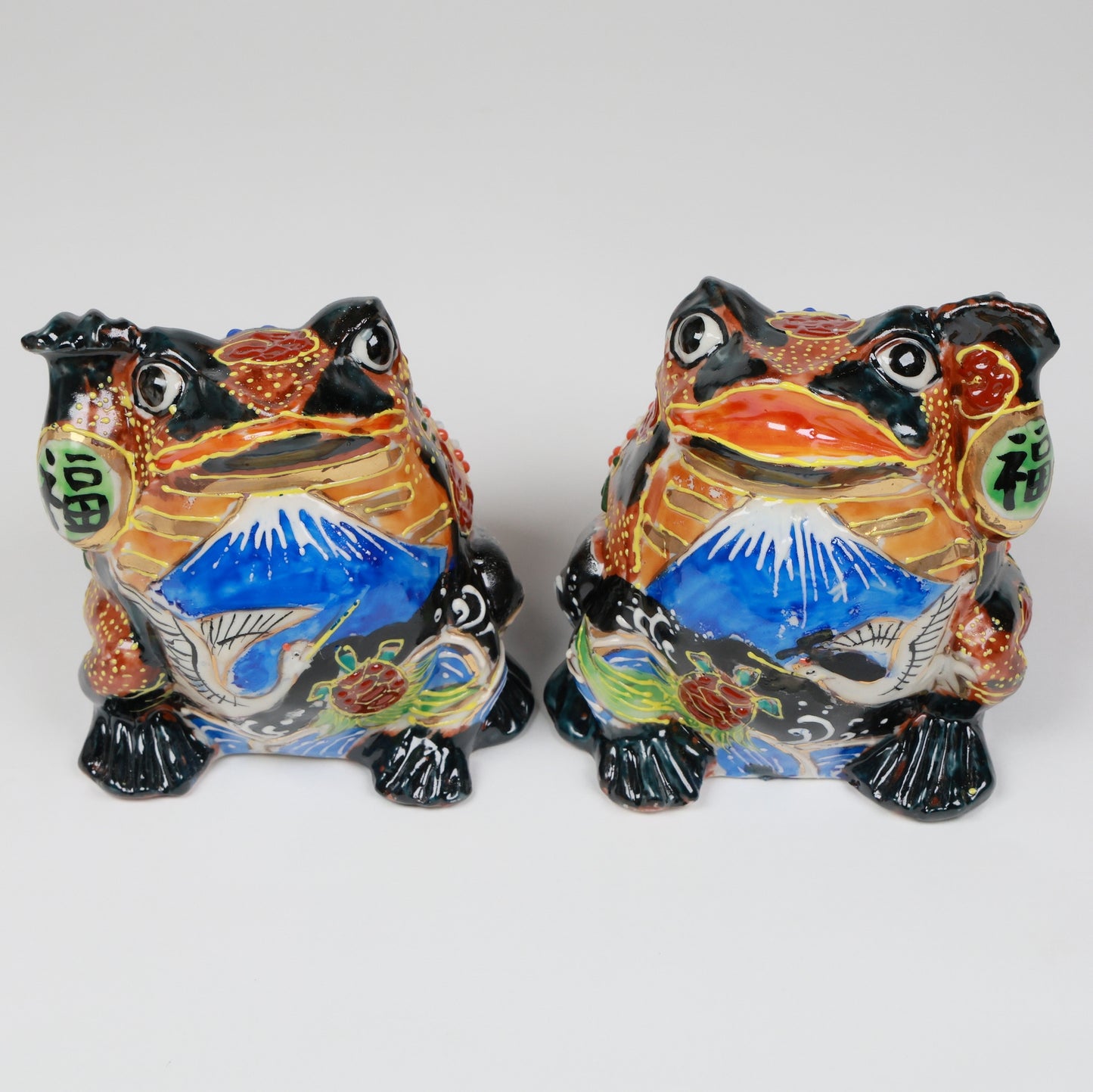 Kutani Ware Lucky Frog Figurine, Japanese Ceramic Art with Mt. Fuji & Crane