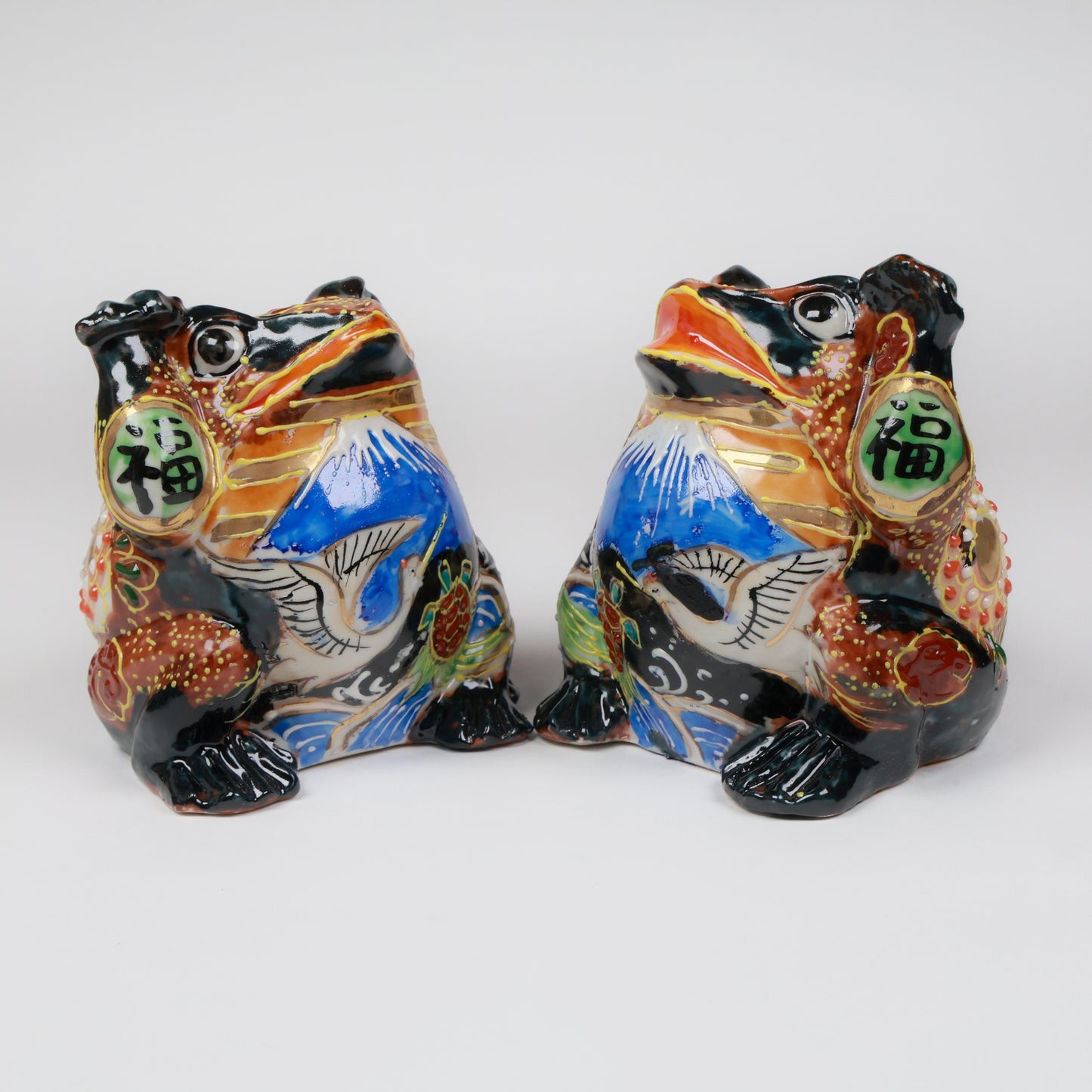 Kutani Ware Lucky Frog Figurine, Japanese Ceramic Art with Mt. Fuji & Crane