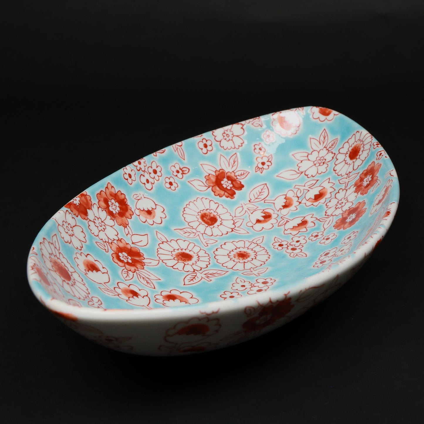 Kutani Ware Boat-Shaped Bowl “Flower Shower” | Aqua Blue & Red Floral Porcelain | Elegant Japanese Gift