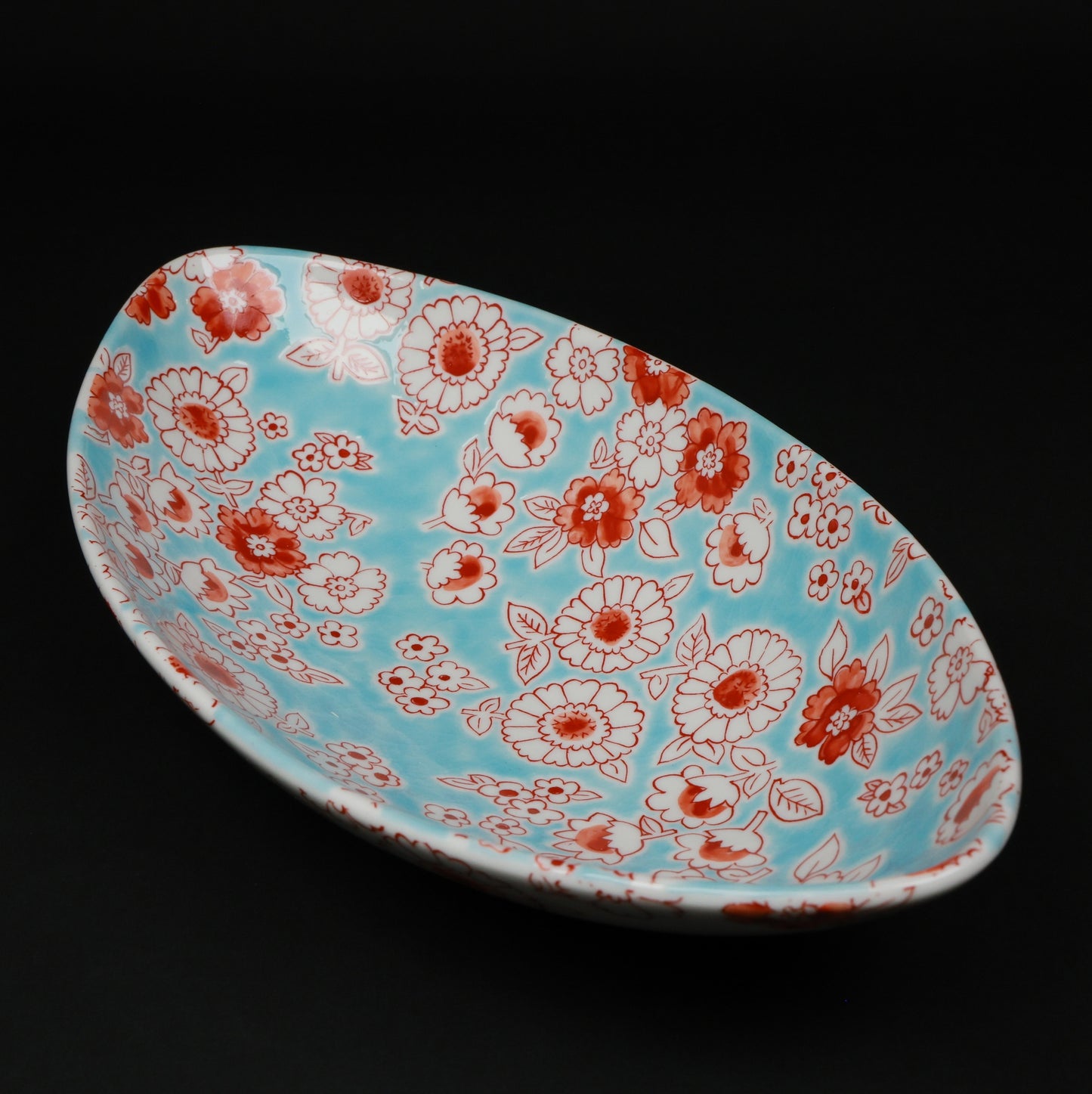 Kutani Ware Boat-Shaped Bowl “Flower Shower” | Aqua Blue & Red Floral Porcelain | Elegant Japanese Gift