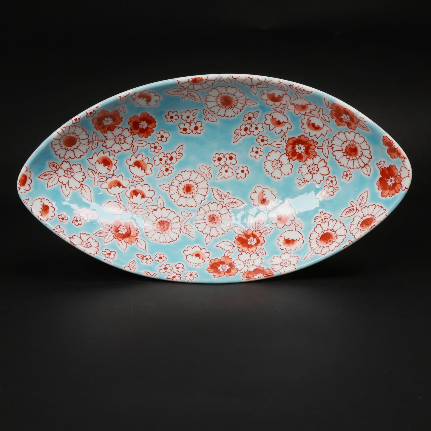 Kutani Ware Boat-Shaped Bowl “Flower Shower” | Aqua Blue & Red Floral Porcelain | Elegant Japanese Gift