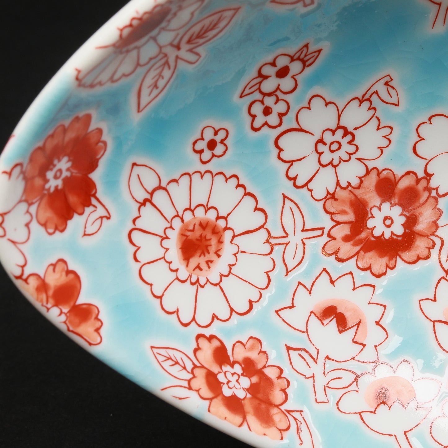 Kutani Ware Boat-Shaped Bowl “Flower Shower” | Aqua Blue & Red Floral Porcelain | Elegant Japanese Gift
