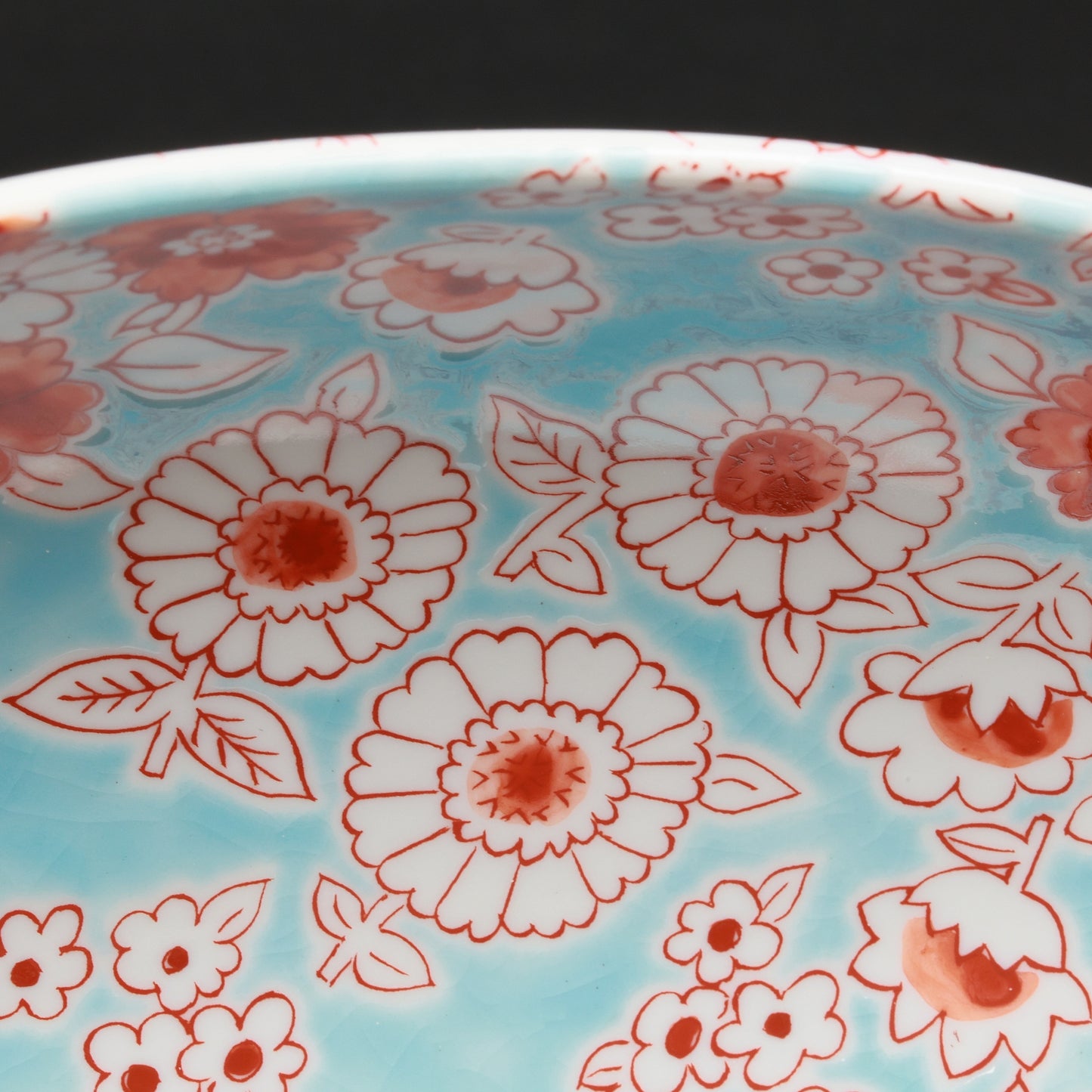 Kutani Ware Boat-Shaped Bowl “Flower Shower” | Aqua Blue & Red Floral Porcelain | Elegant Japanese Gift