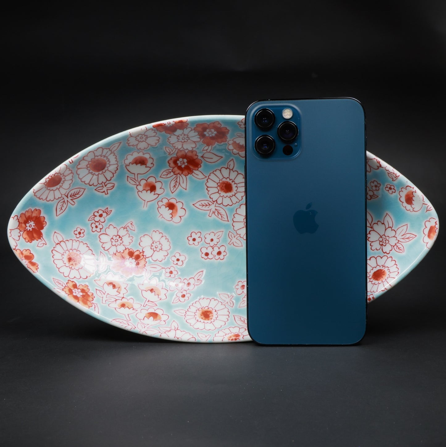 Kutani Ware Boat-Shaped Bowl “Flower Shower” | Aqua Blue & Red Floral Porcelain | Elegant Japanese Gift