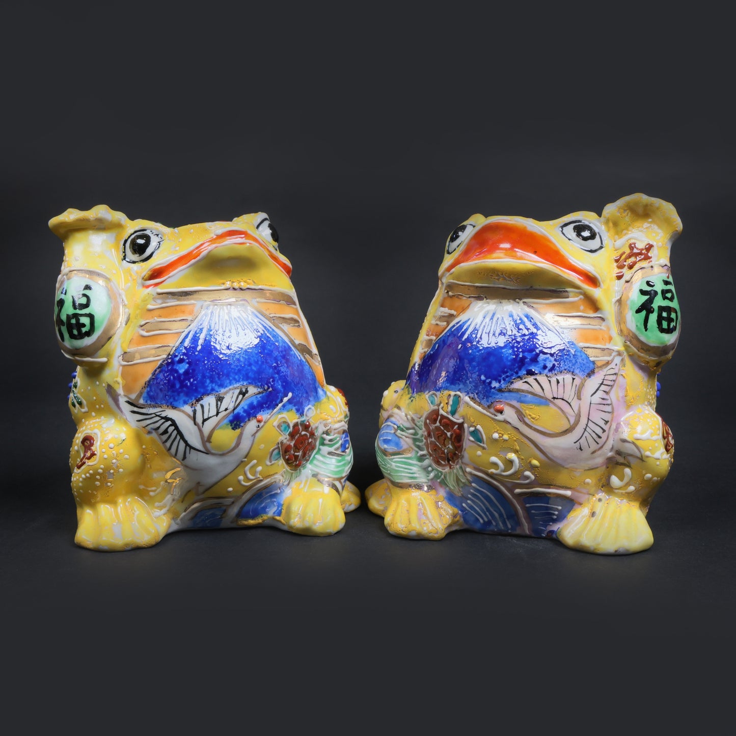 Twin Yellow Fortune Frogs | Kutani Ware Good Luck Figurines | Kutani Lucky Frog Pair (Yellow × Yellow) | Yellow Kutani A-Un Frog Duo | Made in Japan