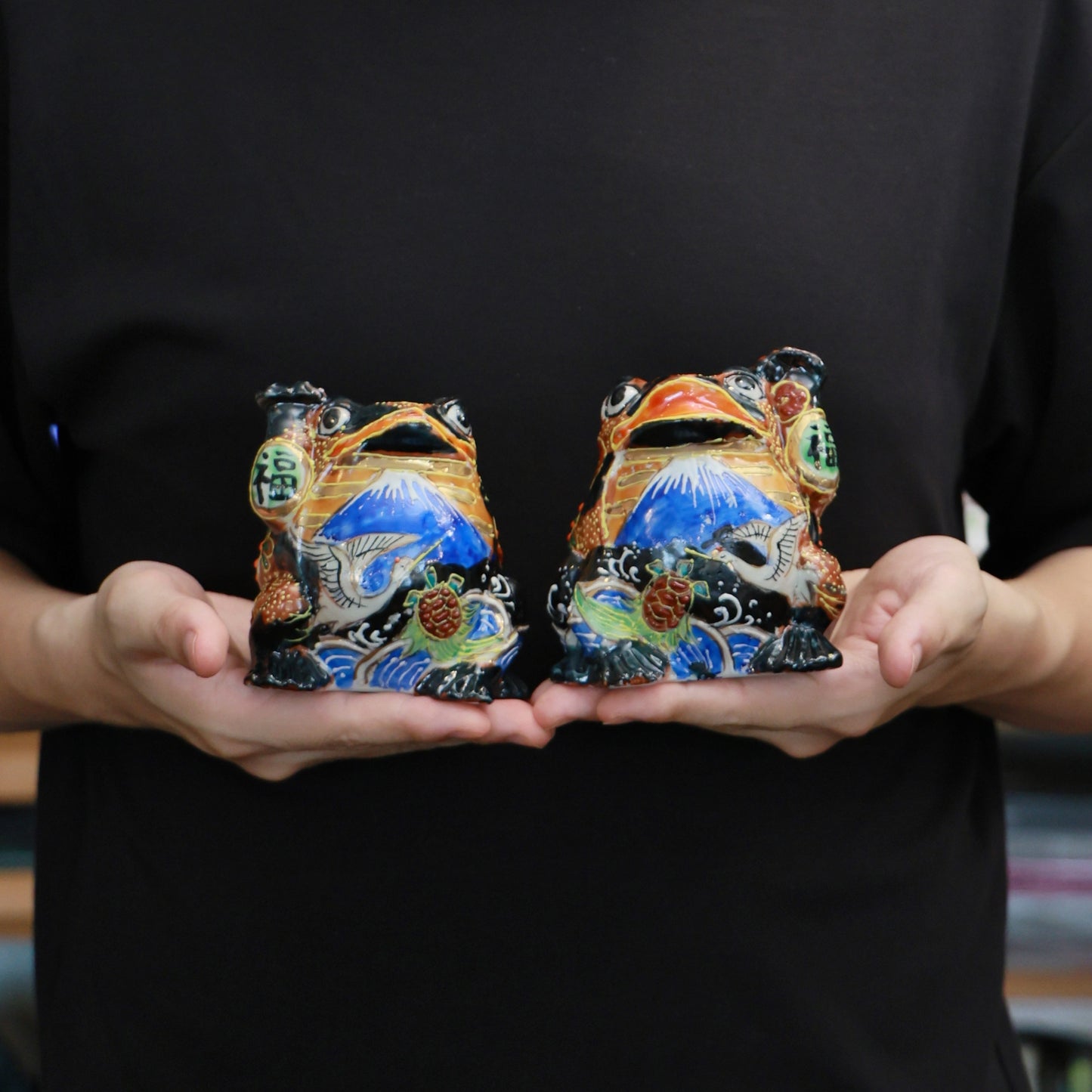Kutani Ware Lucky Frog Figurine, Japanese Ceramic Art with Mt. Fuji & Crane
