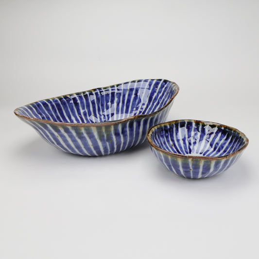 Handmade Hasami Ware Bowl Set (Large & Small)｜Sometsukusa Stripe Design | Handmade Ceramic