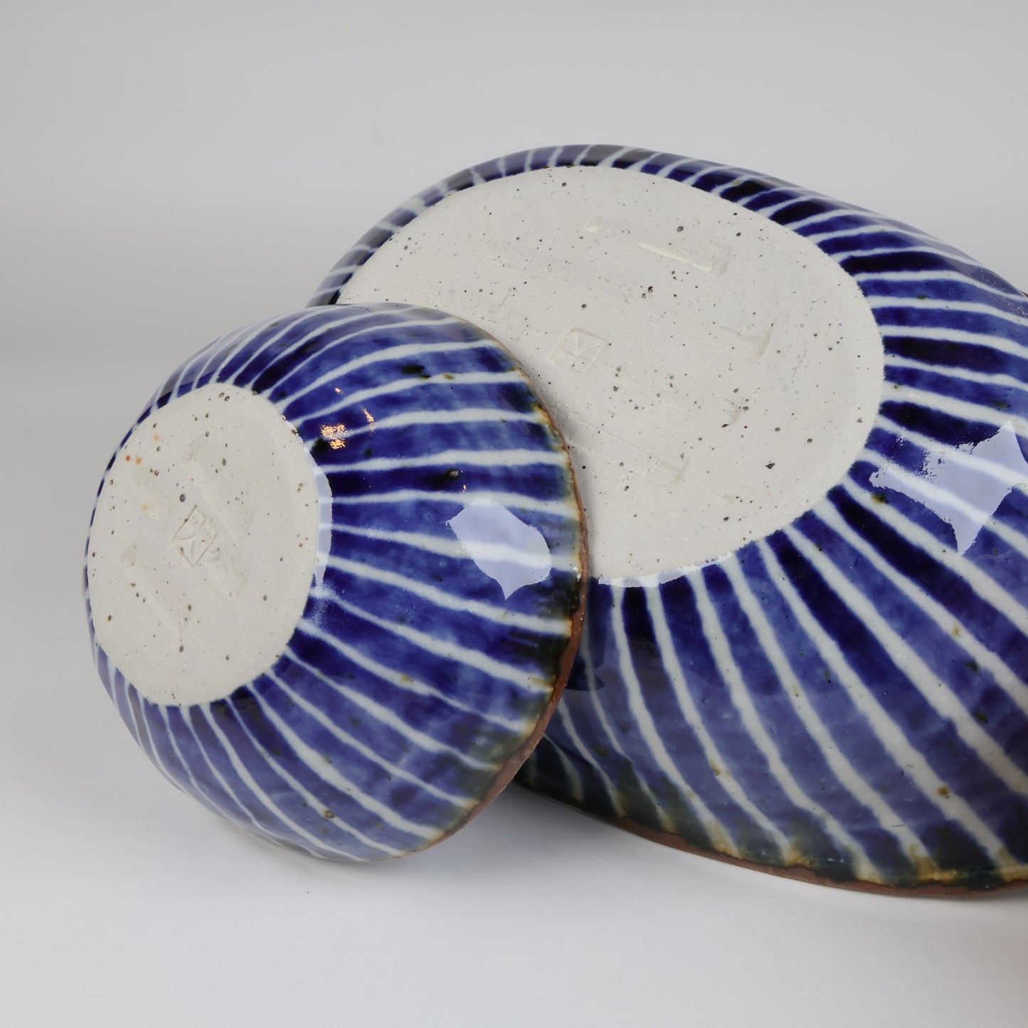 Sometsukusa Oval Bowls Set (Large & Small) | Hasami Ware by Kazunori Ota | Handcrafted Blue Stripe Design