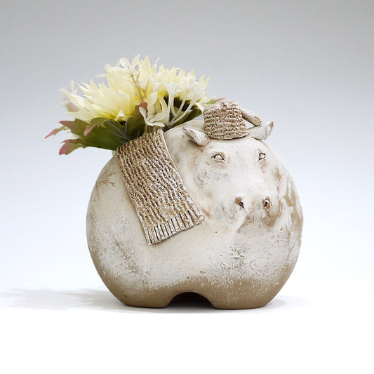 Handmade Ceramic Hippo Vase Kaori Hara Japanese Pottery Flower Bud Holder