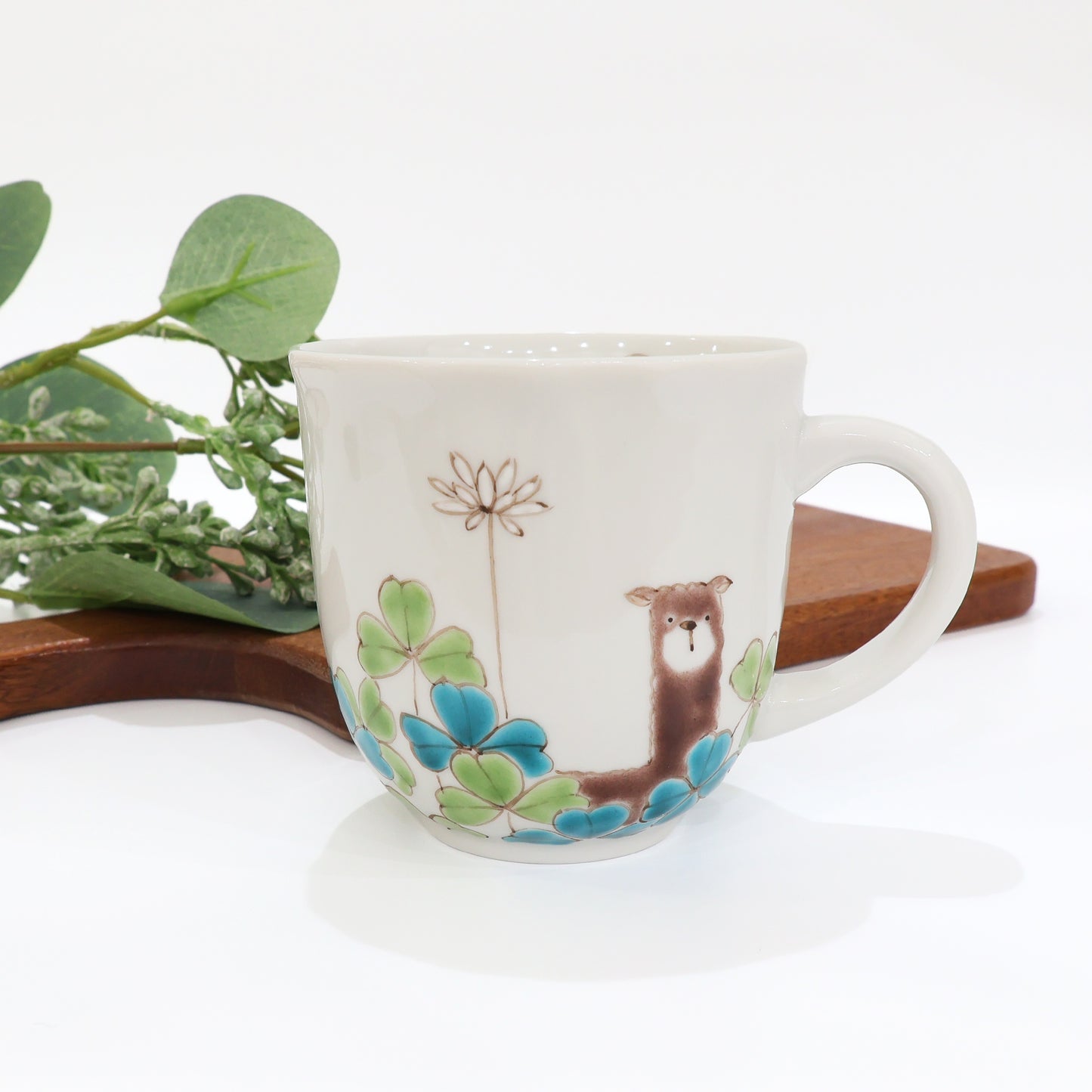 Kutani Ware | Japanese Mug | Alpaca Mug | Coffee Mug | Handmade Mug | Animal Mug | Clover Mug | Gift for Tea Lover |  Cute Mug | Floral Mug | Made in Japan