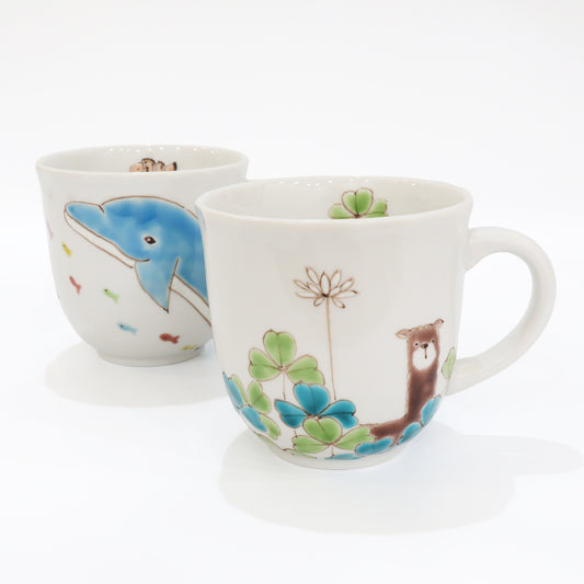 Kutani Ware "Sea & Meadow" Pair Mugs | Handcrafted Japanese Ceramic Cups | Alpaca, Clover & Sea Animals | Made in Japan