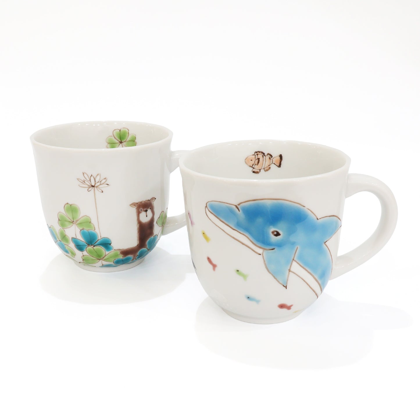Kutani Ware "Sea & Meadow" Pair Mugs | Handcrafted Japanese Ceramic Cups | Alpaca, Clover & Sea Animals | Made in Japan