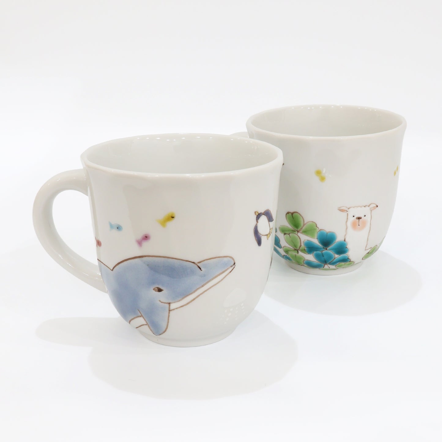 Kutani Ware "Sea & Meadow" Pair Mugs | Handcrafted Japanese Ceramic Cups | Alpaca, Clover & Sea Animals | Made in Japan