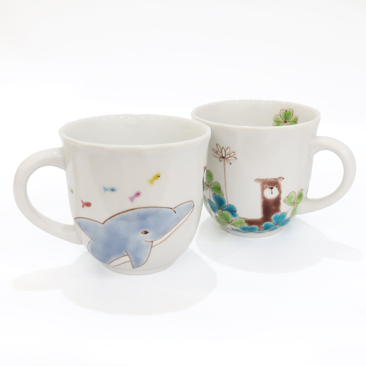 Kutani Ware "Sea & Meadow" Pair Mugs | Handcrafted Japanese Ceramic Cups | Alpaca, Clover & Sea Animals | Made in Japan