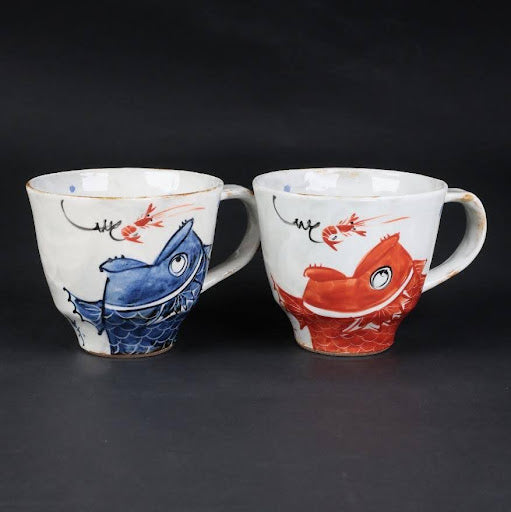 Hasami Ware Pair Mug Set | “Catch a Sea Bream with a Shrimp” Story Design | Hand-Painted pair mags | Hasami Ware | Made in Japan