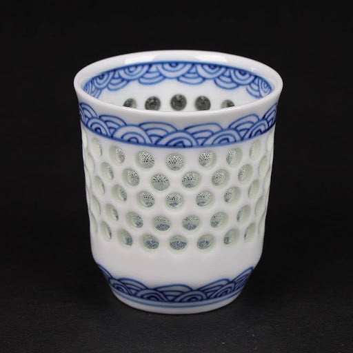 Japanese Crystal Carved Sake Cup | Seigaiha Wave Porcelain | Hasami Ware | Japanese sake cup | Seigaiha pattern | Made in Japan