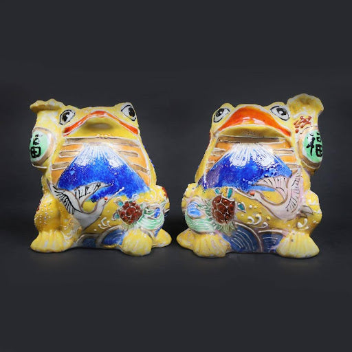 Twin Yellow Fortune Frogs | Kutani Ware Good Luck Figurines | Kutani Lucky Frog Pair (Yellow × Yellow) | Yellow Kutani A-Un Frog Duo | Made in Japan
