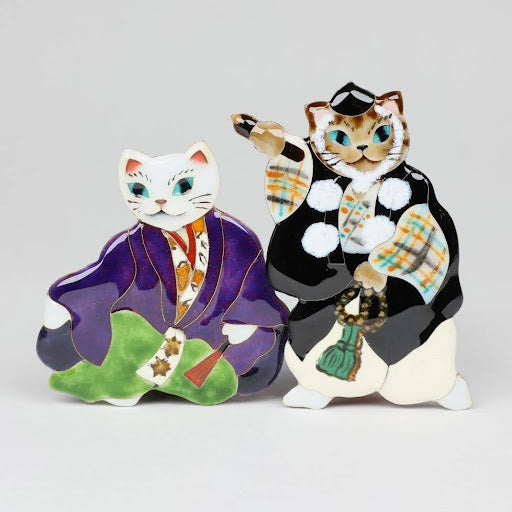 Ganjincho Cat Brooch Set〈Yoshitsune & Benkei〉｜Cloisonné Artisan Jewelry | Handmade Cloisonné Enamel Jewelry |  Japanese Artisan Accessory