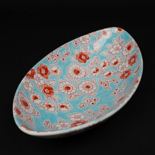 Kutani Ware Boat-Shaped Bowl “Flower Shower” | Aqua Blue & Red Floral Porcelain | Elegant Japanese Gift