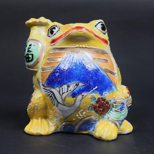 A-Un Blessings | Yellow Lucky Frog (Right Hand Raised) | Kutani Ware Fortune Figurine | Japanese A-Un Lucky Frog | Made in Japan