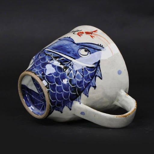 Hasami Ware Mug “Catching a Sea Bream with a Shrimp” (Blue) | Hand-Painted Japanese Pottery Cup | Japanese handmade